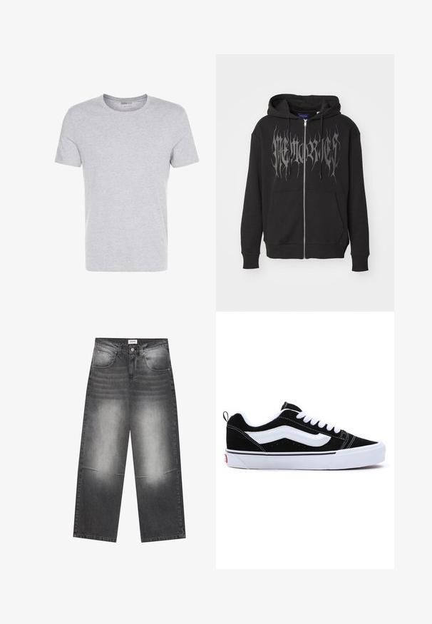 Juodas užtraukiamas džemperis, pagamintas iš medvilnės mišinio. Yra didelis sidabrinis grafikos tekstas priekyje, kengūros tipo kišenė ir raištelių kapuce.; Pilkas medvilnės t-shirt'as su apvalia apykakle, trumpomis rankovėmis ir vientisu dizainu, pasižymintis švelnia, lygiąja tekstūra be matomų raštų ar puošmenų.; Plati juodi džinsai su blukusia pilka apdaila, su priekinėmis kišenėmis, mygtuko užsegimu ir lengvu pabraižymu ant kelių.; Juodi suede sportbačiai su baltais akcentais, turintys žemą fasoną, užrišamus raištelius ir storą baltą guminiu padais. Prekės ženklo logotipas ant kulno.