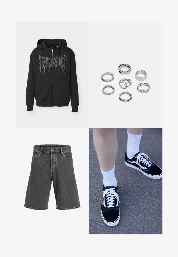 Black zip-up hoodie made of cotton blend. Features a large silver graphic text on the front, kangaroo pocket, and drawstring hood.; Black denim shorts with a relaxed fit, featuring a button closure, two front pockets, and a subtle faded pattern. Classic five-pocket design.; Black suede sneakers with white accents and laces, paired with white ribbed crew socks, positioned on a textured gray surface.; Set of seven silver rings featuring various designs, including twisted, linked, and engraved patterns. Different shapes and widths.