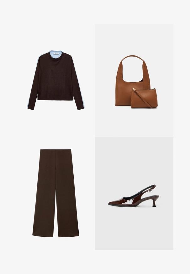Maglione a maniche lunghe color marrone scuro con collo rotondo, dotato di polsini e orlo a coste, presentato su uno sfondo bianco.; Pantaloni a gamba larga realizzati in un tessuto marrone scuro e liscio. Presentano una vita alta e un design minimalista senza decorazioni.; Scarpa slingback in pelle verniciata marrone con punta affusolata e tacco moderato. Presenta una fascia con fibbia per una calzata sicura. Tessuto liscio.; Borsa sintetica marrone con manico curvo e texture liscia. Include una piccola pochette abbinata con zip. Design minimalista.