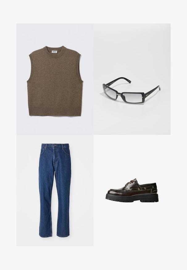 Hnedý pletený sveter bez rukávov s okrúhlym výstrihom, rebrovanými okrajmi a jemnou textúrou; štítok nesie nápis "WEEKDAY."; Modré džínsy s rovnými nohavicami, s piatimi vreckami a pevným pásom s kovovým zapínaním.; Hnedé kožené lodičky s gumovou podrážkou, s vystúžením, kovovými očkami a dizajnom na šnurovanie. Robustná, ľahká konštrukcia.; Čierne obdĺžnikové slnečné okuliare s gradientovými sklami, s hrubým rámom a kovovými dekoratívnymi detailmi na ramenách. Hladký povrch po celom obvode.