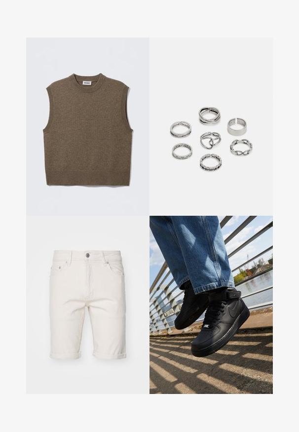 Brun ärmlös stickad tröja med rund halsringning, ribbade kanter och mjuk struktur; etiketten säger "WEEKDAY."; Vita bomullsdenimshorts med rullade fållar, med fem fickor, knäppning och subtil struktur.; Svarta Nike Air Force 1-sneakers med läderöverdel, mesh-tunga och gummisula, med en hög design och tjocka snören.; Set med sju silverringar med olika mönster, inklusive vridna, länkade och graverade mönster. Olika former och bredder.