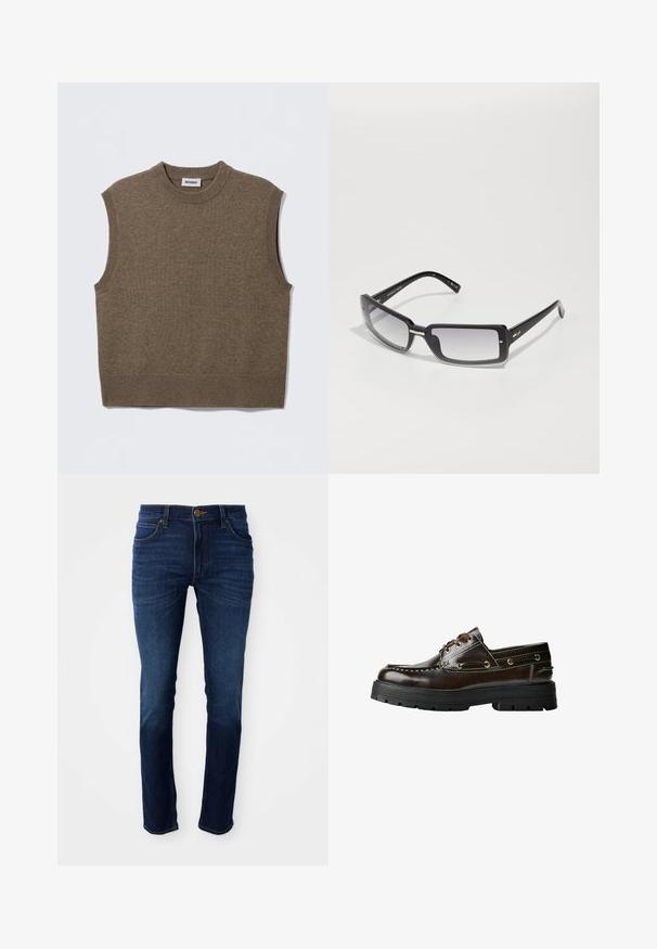 Brązowy dzianinowy sweter bez rękawów z okrągłym dekoltem, prążkowanymi krawędziami i miękką fakturą; metka z napisem „WEEKDAY.”; Granatowe dżinsy z klasycznym prostym krojem nogawki, z zapięciem na guzik i pięcioma kieszeniami. Materiał ma gładką teksturę.; Brązowe skórzane buty żeglarskie z gumową podeszwą, z detalami w postaci przeszyć, metalowymi oczkami oraz sznurowanym designem. Masywna, lekka konstrukcja.; Czarne prostokątne okulary przeciwsłoneczne z gradientowym szkłem, z grubą oprawką i metalowymi detalami na zausznikach. Gładka tekstura na całej powierzchni.