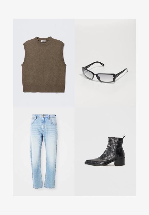 Pulover maro fără mâneci din tricot, cu decolteu rotund, margini ribbrate și textură moale; eticheta indică "WEEKDAY."; Jeans din denim drept, de culoare albastru deschis, cu buzunare frontale, bucle pentru curea și închidere cu nasture.; Cizme negre până la gleznă, fabricate din piele sintetică texturată cu un model de crocodil, având vârful pătrat și toc bloc.; Ochelari de soare rectangulare negri cu lentile cu gradient, având un cadru gros și detalii metalice accent pe brațe. Textură netedă pe întreaga suprafață.