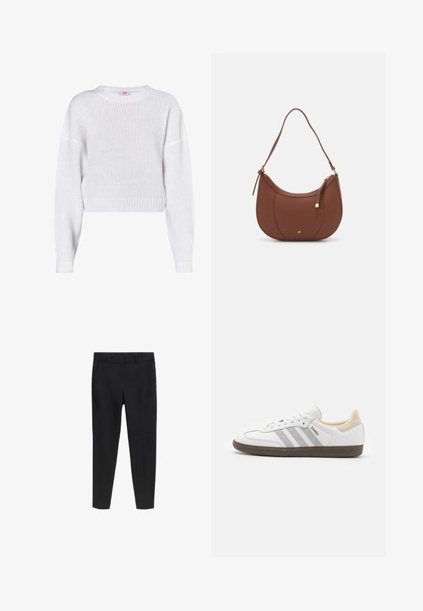 White knitted sweater with a round neckline, cropped design, ribbed hem, and loose-fitting long sleeves. Textured fabric with open weave.; Black tailored slim-fit ankle-length trousers with belt loops and front pockets on a white background.; adidas Originals SAMBA OG - Trainers - core white/grey two/cream white; Brown faux leather shoulder bag with curved shape, minimal stitching, and a gold-tone hardware accent. Features a top zipper closure and adjustable strap.