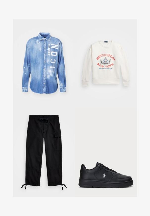 Weißes Sweatshirt mit gerippten Bündchen und Saum. Enthält ein farbenfrohes Grafikdesign mit "MOTORSPORT NEW YORK" und einem Rennmotiv. Klassischer Rundhalsausschnitt.; Helles blaues Denim-Hemd mit Knopfleiste auf der Vorderseite, langen Ärmeln, einem Kragen und weißem Drucktext "DSQUARED2 ICON" mit Farbklecks-Details.; Schwarze Cargo-Hosen mit elastischem Bund und Kordelzug. Mit seitlichen Taschen und verstellbaren Bündchen mit Halterungen. Hergestellt aus leichtem Stoff.; Schwarze Ledersneaker mit einem perforierten Design, flacher Schnürverschluss und einem weißen gestickten Logo an der Seite. Dicke schwarze Gummisohle.