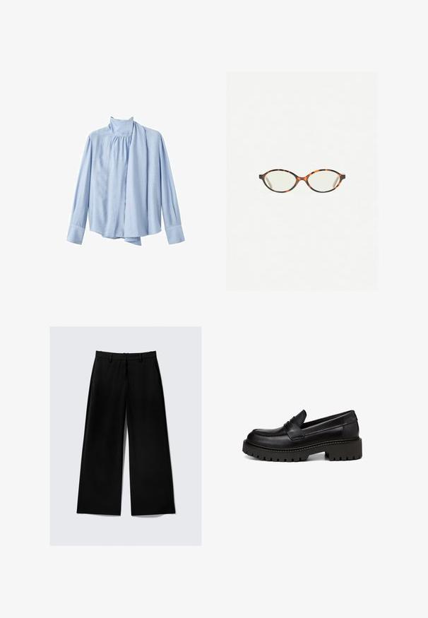 Mørkegrå oversized sweater med dyb V-hals, brede ærmer og ribbet kant. Blød tekstur og afslappet pasform. Ingen mønstre eller hardware synligt.; Lyseblå langærmet bluse lavet af glat stof. Har en høj krave og en draperet tørklædeaccent foran. Knappede manchetter.; Sorte bredbenede bukser med sidelommer, bæltestropper og lynlåslukning foran på en lys, ensfarvet baggrund.; Marc O'Polo LOAFER MIT ROBUSTER PROFIL - Loafers - black; Skildpaddebriller med ovale linser og en elegant, glat finish. Har tynde sider med en subtil kurve ved tindingerne. Klare linser.