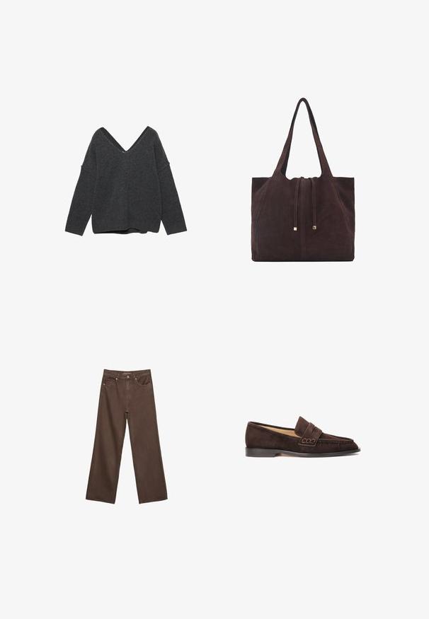 Donkergrijs oversized sweater met een diepe V-hals, wijde mouwen en geribbelde zoom. Zachte textuur en losse fit. Geen patronen of hardware zichtbaar.; Brede bruine spijkerbroek van denim, met een hoge taille, voorzakken en een klassieke knoopsluiting. Soepele textuur met subtiele stiksels.; Bruine suède instappers met een ronde neus, voorzien van een platte zwarte zool en een decoratieve bandaccent over de wreef. Gladde textuur.; Mango Shopper - dark brown