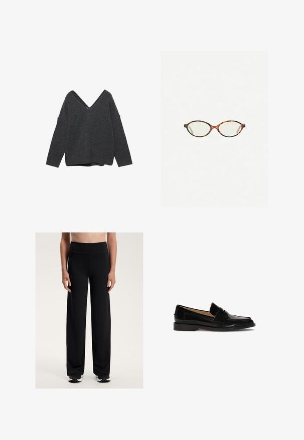 Tmavošedý oversize sveter s hlbokým výstrihom do V, širokými rukávmi a rebrovaným lemom. Mäkká textura a voľný strih. Žiadne viditeľné vzory ani kovové prvky.; Čierne široké športové nohavice s vysokým pásom. Vyrobené z hladkej, elastickej tkaniny, ponúkajú voľný strih a subtílnu textúru.; Čierne kožené mokasíny s hladkým povrchom, zaoblenou špičkou a ozdobným pásikom cez prednú časť. Dizajn s nízkym blokovým podpätkom.; Korytnačkové okuliare s oválnymi šošovkami a hladkým, lesklým povrchom. Majú tenké strany s jemným zakrivením na spánkoch. Priehľadné šošovky.