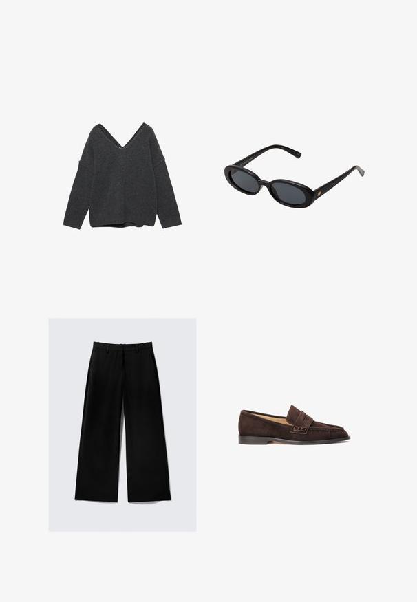 Tamno sivi oversized pulover s dubokim V izrezom, širokim rukavima i rebrastim rubom. Mekana tekstura i opušteni kroj. Nema vidljivih uzoraka ili metalnih dijelova.; Crne hlače širokih nogavica s bočnim džepovima, petljama za pojas i prednjim zatvaračem na jednobojnoj svijetloj pozadini.; Smešene smeđe mokasine s okruglim nosom, s ravnim crnim potplatom i dekorativnom trakom preko stopala. Glatka tekstura.; Crne velike sunčane naočale s ovalnim staklima, glatkim plastičnim okvirom i zlatnim detaljima na sljepočnicama. Tamna stakla pružaju zaštitu od sunca.