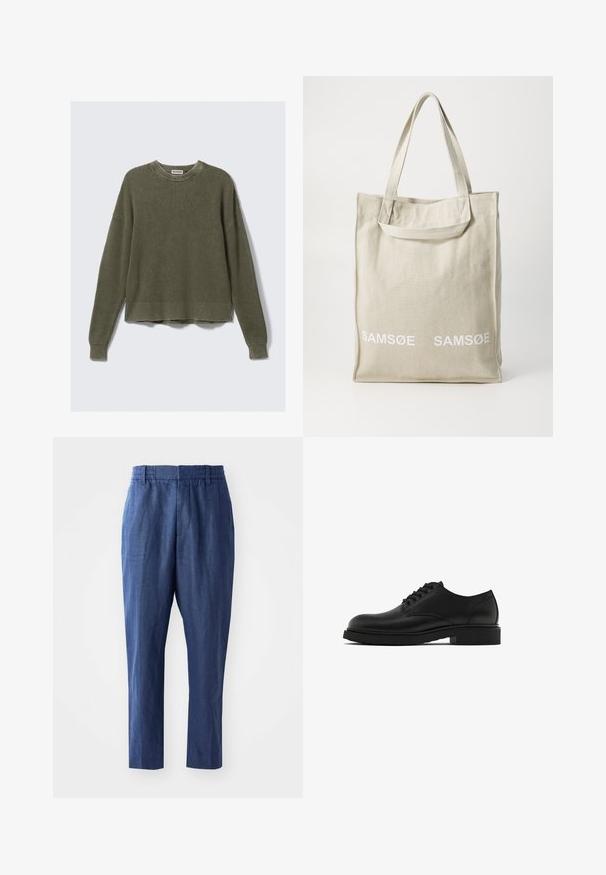 Sweter w oliwkowym kolorze z dzianiny, z prążkowanym okrągłym dekoltem, opuszczonymi ramionami, długimi rękawami i skróconym hemem. Teksturowana tkanina z widocznymi wzorami.; Koszula w kratę w odcieniach beżu i bieli, z jasnoniebieskimi akcentami. Długie rękawy, zapinana na guziki z przodu, oraz jedna kieszeń na piersi. Wykonana z bawełny.; Granatowe lniane spodnie o luźnym kroju, z elastycznym pasem i zwężanymi nogawkami. Charakteryzują się gładką teksturą i minimalnymi detalami w szwach.; Czarne skórzane buty wizytowe z teksturowanym wykończeniem, okrągłym noskiem, pięcioma otworami na sznurówki oraz solidną czarną podeszwą. Prosty, klasyczny styl.; Torba płócienna w jasnym beżu z podwójnymi uchwytami, z białym logo "SAMSOE" drukowanym z przodu. Prostopadłościenny kształt o prostym wzornictwie.