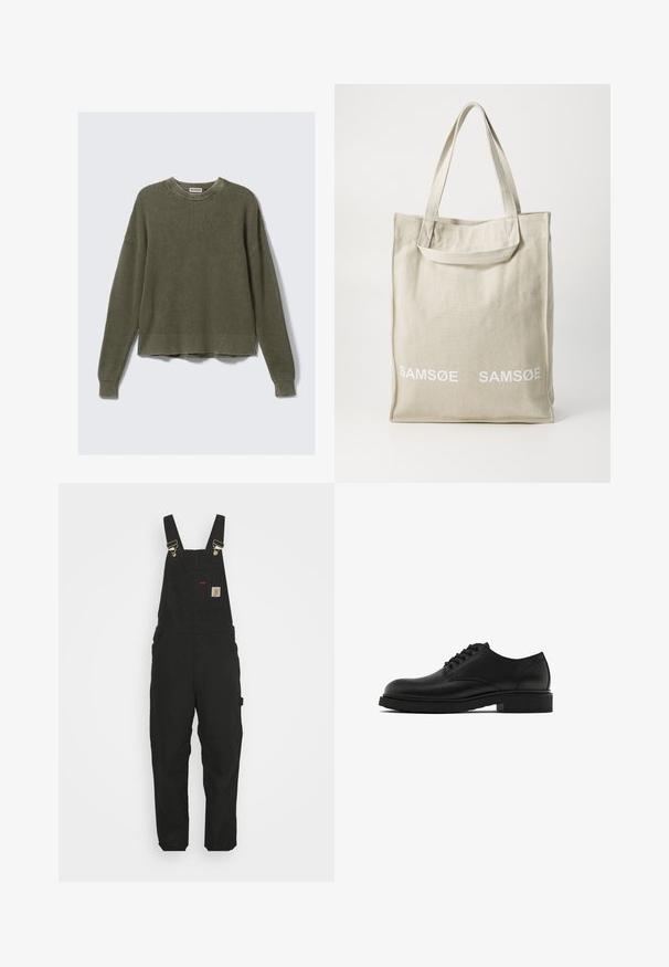 Olivově zelený pletený svetr s žebrovaným kulatým výstřihem, spuštěnými rameny, dlouhými rukávy a zkráceným spodním lemem. Texturovaná látka s viditelnými vzory.; Košile v béžové a bílé kostkované vzoru s světle modrými akcenty. Dlouhé rukávy, zapínání na knoflíky vpředu a jedna náprsní kapsa. Bavlněný materiál.; Černé bavlněné overaly se stahovacími popruhy, přední kapsou s logem a dvěma bočními kapsami v uvolněném střihu.; Černé kožené společenské boty s texturovaným povrchem, kulatou špičkou, pěti otvory na tkaničky a pevnou černou podrážkou. Jednoduchý, rovný design.; Plátěná taška v světlé béžové barvě s dvojitými rukojeťmi, na přední straně s bílým potiskem loga "SAMSOE". Obdélníkový tvar s jednoduchým designem.