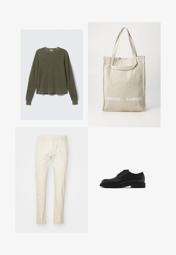 Olivgrön stickad tröja med ribbad rund halsringning, sänkta axlar, långa ärmar och en kortad nederkant. Texturerad tyg med synliga mönster.; Rutigt skjorta i beige och vit med ljusblå detaljer. Långa ärmar, knapprad fram och en bröstficka. Tillverkad av bomull.; Beige bomullbyxor med rak bendesign, framdragkedja och platta fickor. Texturerad tyg med en slät yta.; Svarta läderskor med blank yta, rund tå, fem öglor för snören och en robust svart sula. Enkel, rak design.; Ljus beige canvas tote-väska med dubbla handtag, med "SAMSOE"-logotypen tryckt i vitt på framsidan. Rektangulär form med enkel design.