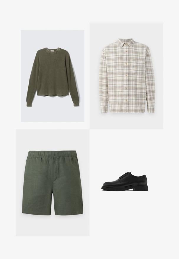 Olivengrøn strikket sweater med ribbet rund hals, drop shoulders, lange ærmer og kortet kant. Teksturert stof med synlige mønstre.; Ternet skjorte i beige og hvid med lysblå detaljer. Lange ærmer, knaplukning foran og enkelt brystlomme. 100% bomuldsmateriale.; Grønne hørshorts med elastisk taljebånd, lige pasform og sidelommer. Letvægtsstof med en glat tekstur.; Sorte læderherresko med tekstureret finish, rund tå, fem snørrehuller og en robust sort sål. Enkel, lige design.