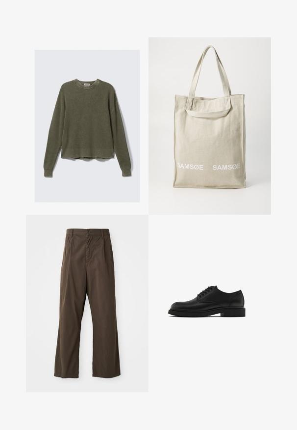Olijfgroen gebreid sweater met een geribde ronde halslijn, drop shoulders, lange mouwen en een verkorte zoom. Getextureerde stof met zichtbare patronen.; Lichtbeige en witte geruite overhemden met lichtblauwe accenten. Lange mouwen, knoopsluiting aan de voorkant en een borstzak. Gemaakt van katoen.; Bruine, wijde broek van katoen met een knoopsluiting aan de voorkant, ceintuurlussen en een gladde, matte textuur.; Zwarte leren nette schoen met een textuur, ronde neus, vijf oogjes voor veters en een stevige zwarte zool. Eenvoudig, recht design.; Canvas tote bag in lichtbeige met dubbele handvatten, voorzien van het "SAMSOE" logo in het wit gedrukt op de voorkant. Rechthoekige vorm met een eenvoudig ontwerp.