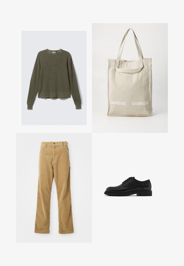 Sweter w oliwkowym kolorze z dzianiny, z prążkowanym okrągłym dekoltem, opuszczonymi ramionami, długimi rękawami i skróconym hemem. Teksturowana tkanina z widocznymi wzorami.; Koszula w kratę w odcieniach beżu i bieli, z jasnoniebieskimi akcentami. Długie rękawy, zapinana na guziki z przodu, oraz jedna kieszeń na piersi. Wykonana z bawełny.; Brązowe spodnie z korduroju z kieszeniami z przodu, szlufkami na pasek, zapięciem na guzik i prostym krojem, leżące na białym tle.; Czarne skórzane buty wizytowe z teksturowanym wykończeniem, okrągłym noskiem, pięcioma otworami na sznurówki oraz solidną czarną podeszwą. Prosty, klasyczny styl.; Torba płócienna w jasnym beżu z podwójnymi uchwytami, z białym logo "SAMSOE" drukowanym z przodu. Prostopadłościenny kształt o prostym wzornictwie.