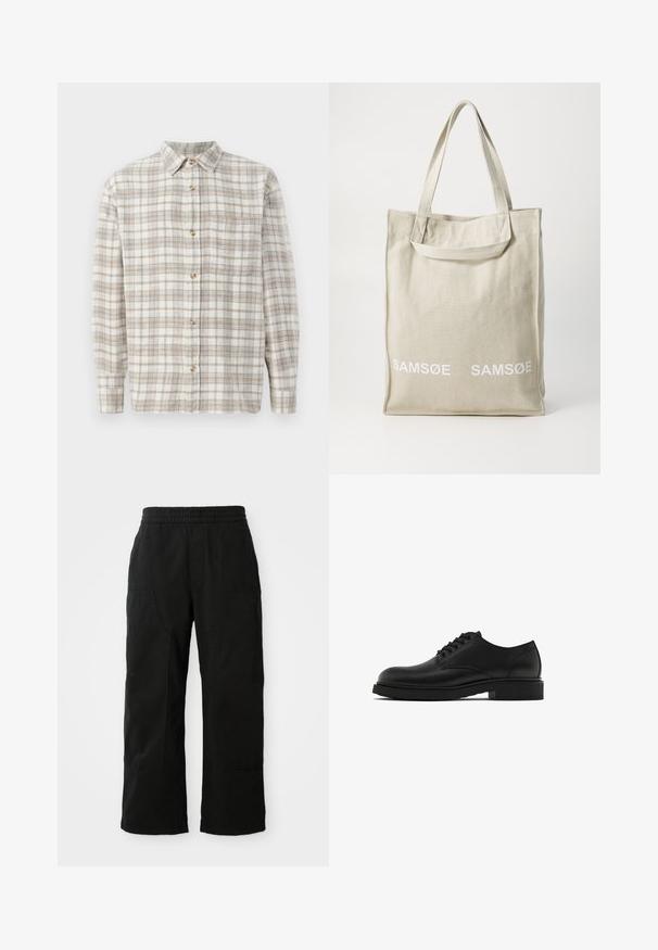Sweter w oliwkowym kolorze z dzianiny, z prążkowanym okrągłym dekoltem, opuszczonymi ramionami, długimi rękawami i skróconym hemem. Teksturowana tkanina z widocznymi wzorami.; Koszula w kratę w odcieniach beżu i bieli, z jasnoniebieskimi akcentami. Długie rękawy, zapinana na guziki z przodu, oraz jedna kieszeń na piersi. Wykonana z bawełny.; Czarne bawełniane spodnie z elastycznym pasem, szeroką nogawką i dużymi bocznymi kieszeniami. Tkanina wydaje się miękka o gładkiej fakturze.; Czarne skórzane buty wizytowe z teksturowanym wykończeniem, okrągłym noskiem, pięcioma otworami na sznurówki oraz solidną czarną podeszwą. Prosty, klasyczny styl.; Torba płócienna w jasnym beżu z podwójnymi uchwytami, z białym logo "SAMSOE" drukowanym z przodu. Prostopadłościenny kształt o prostym wzornictwie.
