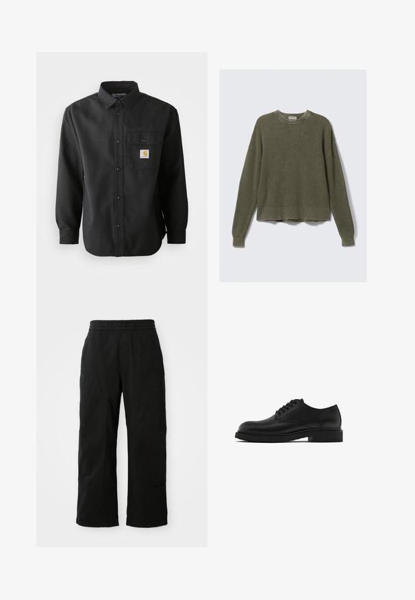 Olivově zelený pletený svetr s žebrovaným kulatým výstřihem, spuštěnými rameny, dlouhými rukávy a zkráceným spodním lemem. Texturovaná látka s viditelnými vzory.; Černá košile s dlouhým rukávem, zapínáním na knoflíky, špičatým límcem a náprsní kapsou s logem. Měkká, texturovaná tkanina.; Černé bavlněné kalhoty s elastickým pasem, širokým střihem nohavic a velkými bočními kapsami. Tkanina působí měkce a má hladký povrch.; Černé kožené společenské boty s texturovaným povrchem, kulatou špičkou, pěti otvory na tkaničky a pevnou černou podrážkou. Jednoduchý, rovný design.
