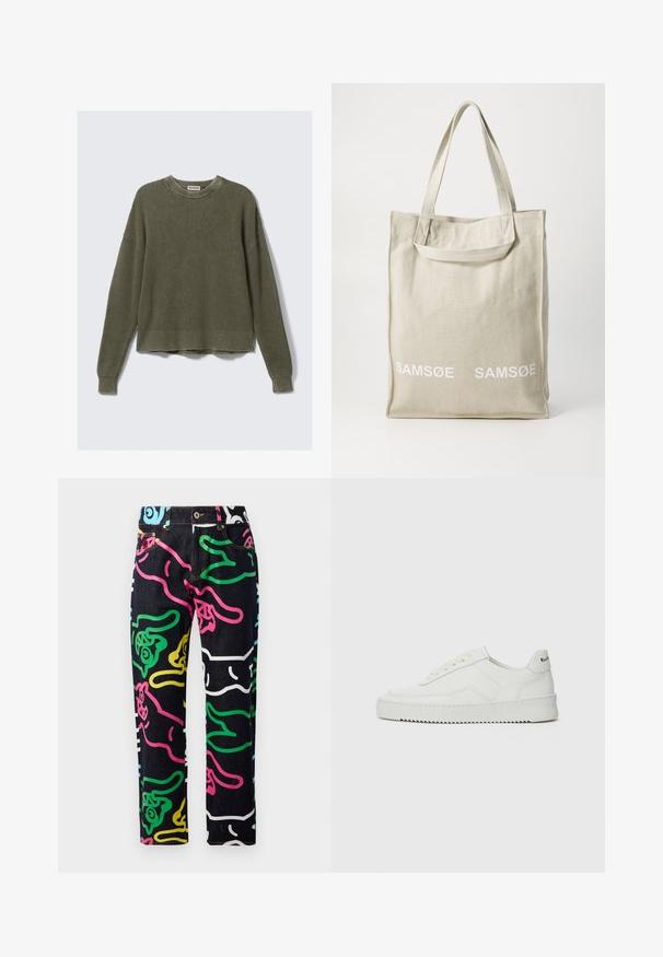 Olivový zelený pletený sveter s hrubým okrúhlym výstrihom, spadnutými ramenami, dlhými rukávmi a skráteným lemom. Textúrovaná látka s viditeľnými vzormi.; Džínsy z denimu s čiernym základom a farebnými abstraktnými vzormi v ružovej, zelenej, modrej, žltej a bielej farbe. Štandardný dizajn s piatimi vreckami.; Biele kožené tenisky s hladkým povrchom, okrúly špičkový dizajn, ploché šnúrky a textúrovaná podrážka. Obsahujú jemné logo na päte.; Plátená taška v svetložltej farbe s dvojitými uchami, s bielym potlačeným logom "SAMSOE" na prednej strane. Obdĺžnikový tvar s jednoduchým dizajnom.