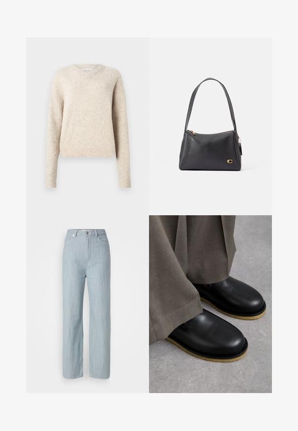 Svijetlosmeđi dugi rukavi vuna džemper s V-izrezom i rebrastim manžetama i rubom, prikazan na jednostavnoj bijeloj pozadini.; Svijetloplave traperice ravnog kroja. Imaju pet džepova, metalno dugme za zatvaranje i suptilne tragove habanja za dodatnu teksturu.; Crne kožne cipele s okruglim prstom, ravnim potplatom i kontrastnim svijetlosmeđim potplatom, uparene s labavim sivim hlačama.; Crna kožna torba s glatkom teksturom, koja ima jedan remen za nošenje preko ramena, zlatne akcentne detalje i zatvaranje na patentni zatvarač. Logo prikazan sprijeda.