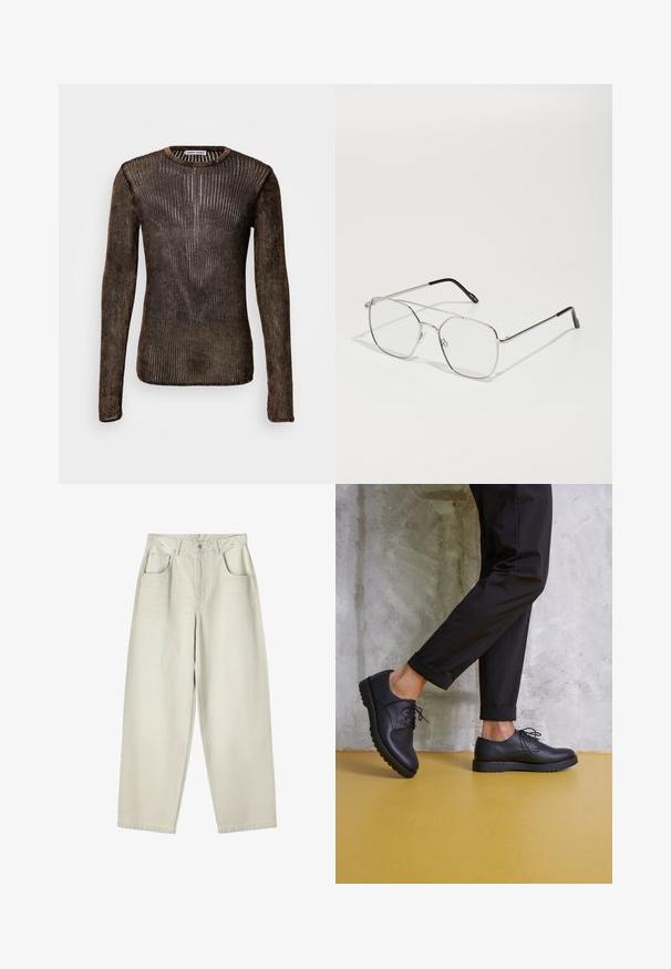 Brown long-sleeve sweater with ribbed texture, featuring a round neckline and fitted silhouette. Material has a slight sheen.; Beige high-waist straight-leg jeans with front button, zipper, two front pockets, and belt loops, laid flat on a white background.; Black leather shoes with laces, rounded toe, and textured rubber sole. Worn with cropped black trousers, against a concrete backdrop.; Silver metal eyeglasses with a geometric octagonal shape, clear lenses, and black tips on the arms. Minimalist design with thin frames.