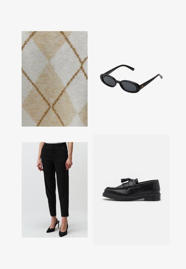 Beżowa i biała pleciona tkanina w diamentowy wzór, podkreślona złotymi stębnowaniami. Miękka faktura z subtelnym połyskiem od metalicznej nitki.; Czarne taperowane spodnie z bawełny, z przednimi kieszeniami, zapięciem na guzik i gładką fakturą, w zestawieniu z czarnymi szpilkami.; Czarne skórzane mokasyny z frędzlami, przeszyciem wzdłuż krawędzi oraz grubą gumową podeszwą zapewniającą trwałość.; Czarne, oversize okulary przeciwsłoneczne z owalnymi soczewkami, gładkim plastikowym mostkiem i złotymi akcentami na zausznikach. Ciemne soczewki zapewniają ochronę przed słońcem.
