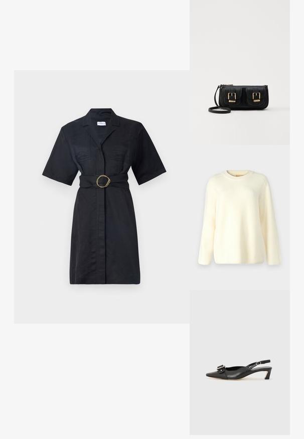 Cream ribbed knit sweater with a round neck, long sleeves, and a relaxed fit. Soft texture with horizontal lines throughout.; Black shirt dress featuring short sleeves, front pockets, a belted waist with a gold-tone twisted ring, and a button-up design.; Black leather slingback shoe with pointed toe, small heel, and decorative buckle detail on the upper. Smooth texture, minimalistic design.; Black leather crossbody bag with two front pockets, gold buckles, zipper closure, and a slim strap. Textured surface and compact rectangular shape.