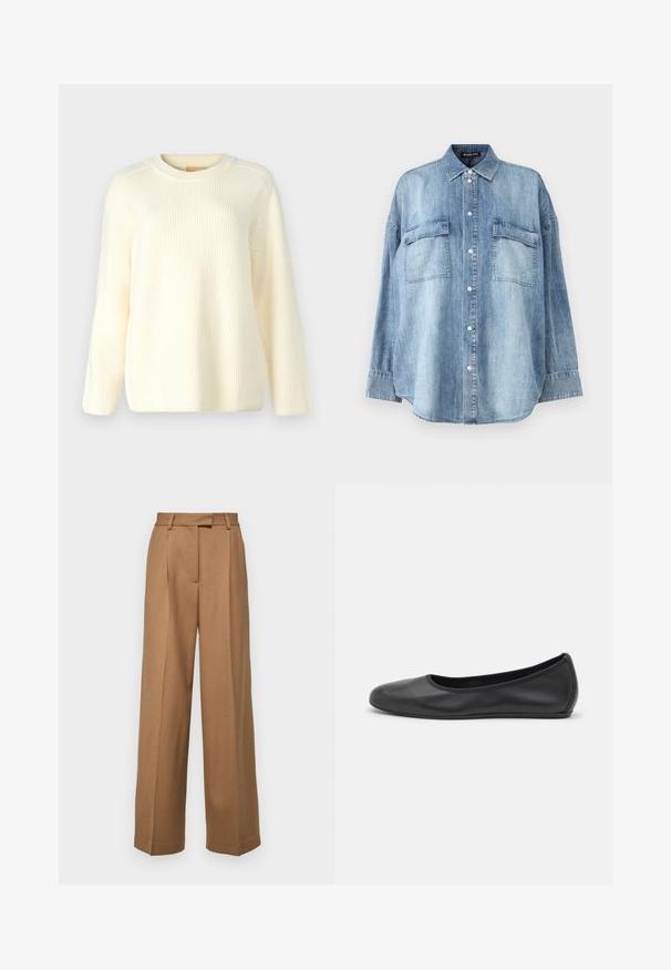 Pull en maille côtelée crème avec un col rond, des manches longues et une coupe décontractée. Texture douce avec des lignes horizontales sur toute la surface.; Chemise en denim bleu clair avec un col pointu, des boutons sur le devant et deux poches poitrine. Elle dispose de manches longues et d'une coupe décontractée.; Pantalons à jambes larges en tissu brun clair, présentant un pli avant, des passants de ceinture et un design sur mesure avec une texture lisse.; Ballerines en cuir noir avec un bout rond, texture lisse, détails de couture minimalistes et design de semelle flexible.