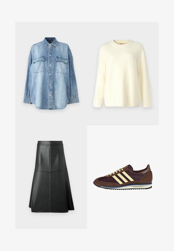 Krém színű bordázott kötött pulóver kerek nyakkal, hosszú ujjakkal és laza szabással. Puha tapintású, függőleges vonalakkal az anyagban.; Világoskék farmering hegyes gallérral, elülső gombolással és két mellzsebbel. Hosszú ujjakkal és laza szabással rendelkezik.; Fekete bőrből készült A-vonalú szoknya, sima textúrával, vádli hosszúságú, a deréknál és az oldalvarrásoknál vízszintes varrási részletekkel a struktúra fokozása érdekében.; Barna és bordó sneaker velúr és hálós anyagból, három krémcsíkkal, texturált anyaggal a nyelvén és gumitalppal.