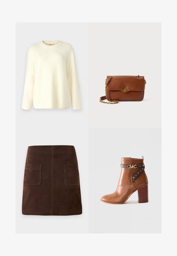 Kremkrāsas ribota adīta džemperis ar apaļo kakla izgriezumu, garām piedurknēm un brīvu piegriezumu. Mīksta tekstūra ar horizontālām līnijām visā virsmā.; Brūns zamšādas svārki ar klasisku A-line formu, divām priekšējām kabatām ar noapaļotiem vāciņiem un smalkiem šuvju detaļām.; Brūni ādas potīšu zābaki ar uzkrātu bloku papēdi, sānu siksna ar zelta pīrsingiem un zelta "MK" logotipa sprādzi.; Brūns ādas crossbody soma ar vāku slēgšanu, zelta aparatūru un ķēdes siksnu. Gluda tekstūra, taisnstūra forma, minimāla detaļu klātbūtne.