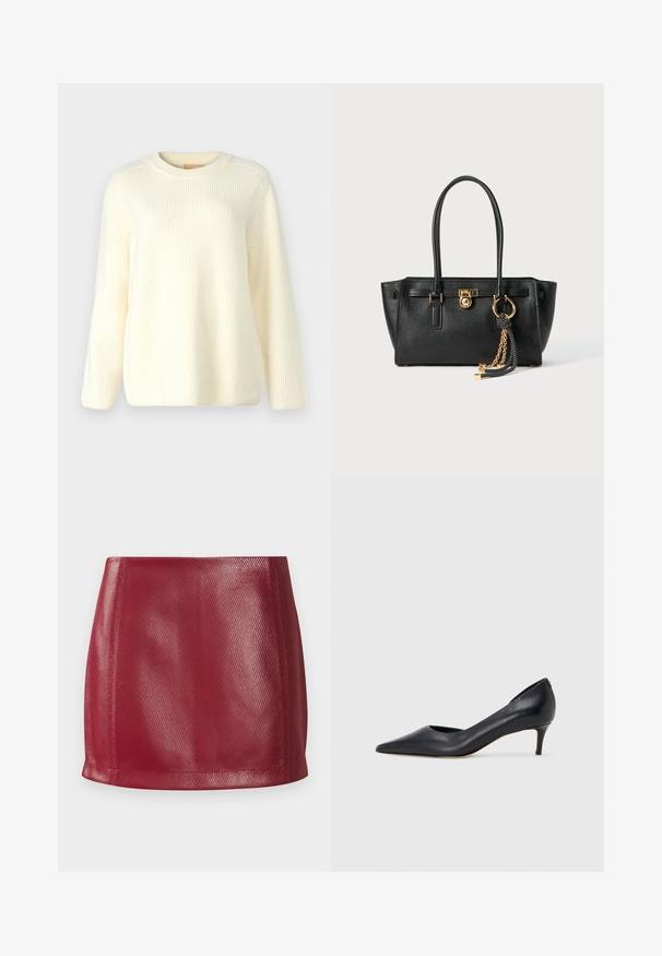 Cremefarvet ribbet striktrøje med rund hals, lange ærmer og en afslappet pasform. Blød tekstur med vandrette linjer over det hele.; Rød faux læder mini skørt med en glat tekstur, tætsiddende design og lige kant med subtil glans og skrå mønsterdetaljer.; Sort læderpumpe med spids tå og lav hæl. Har en glat tekstur og subtil glans. Åben udskæring foran for ekstra detalje.; Sort læder skuldertaske med dobbelte håndtag, guld lås og kædedetalje samt sort-hvid kvast tilbehør mod hvid baggrund.