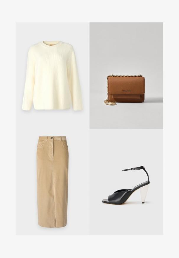 Cremfarbener gerippter Strickpullover mit Rundhalsausschnitt, langen Ärmeln und lockerer Passform. Weicher Stoff mit horizontalen Linien.; Weekend Max Mara GHIOTTO - Maxirock - beige; Schwarze Leder-Hochzehen-Sandale mit offener Zehe, asymmetrischem Design, Knöchelriemen und metallic kegelförmigem Absatz. Glatte Textur über das gesamte Produkt.; Braune strukturierte Ledertasche mit goldener Kettenriemen und Klappenverschluss. Die Vorderseite zeigt ein Logo-Detail und eine Tasche unter der Klappe.