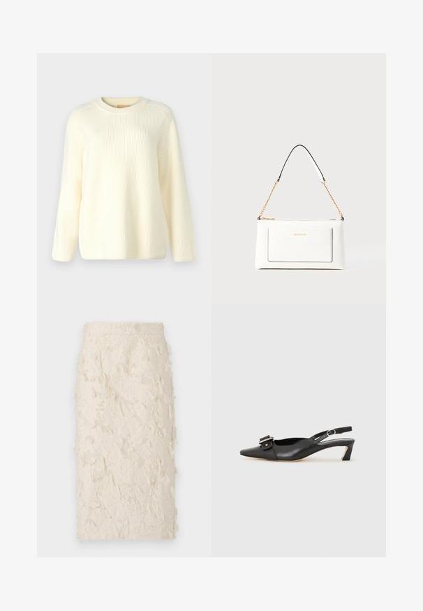 Krém színű bordázott kötött pulóver kerek nyakkal, hosszú ujjakkal és laza szabással. Puha tapintású, függőleges vonalakkal az anyagban.; Krém színű ceruzaszoknya, texturált, tollszerű felülettel. Feszes fazonja és közepes hosszúsága miatt különböző alkalmakra is megfelelő.; Fekete bőr szandál kis sarkú, hegyes orral, díszes csattal a felsőrészen. Simább textúra, minimalista design.; Fehér bőr kézitáska, texturált felülettel, arany lánccal és fekete részletekkel. Elülső zsebbel és cipzáros zárással rendelkezik.