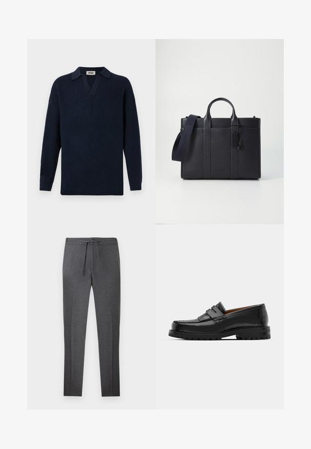 Pulover bleumarin cu nervuri, cu decolteu în V, guler scurt și mâneci lungi. Fabricat dintr-un material moale, cu un finisaj texturat.; Pantaloni tapered de culoare gri închis cu talie elastică și șnur de strângere, având cute subtile pe partea din față.; Mocasinii din piele neagră au o cusătură ridicată, două bare decorative pe partea superioară și o talpă groasă texturată pentru o aderență suplimentară.; Servietă din piele de culoare albastru închis, cu două mânere superioare și o curea detasabilă. Prezintă un finisaj texturat, cusături verticale și detalii cu logo.
