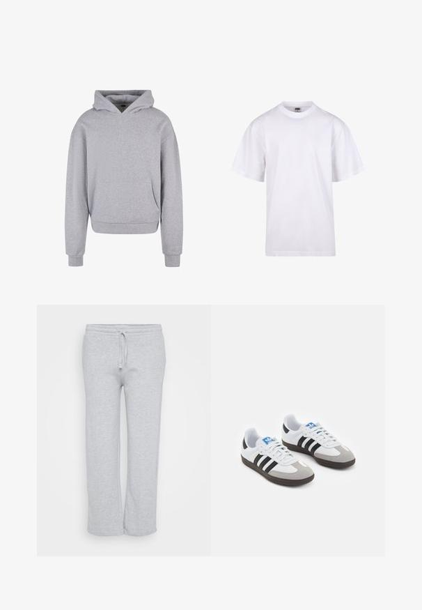 Pelēks kokvilnas kapucis ar priekšējo kabatu, savilkšanas kapuci un ribinātiem piedurknēm un apakšmalu. Pazīme ar maigu, teksturētu apdari.; Balts kokvilnas T-krekls ar apaļu kakla izgriezumu, īsām piedurknēm un brīvu piegriezumu. Tam ir vienkāršs dizains bez rakstiem vai akcentiem.; Gaiši pelēkas sporta bikses, kas izgatavotas no maiga auduma, ar elastīgu jostu un auklu, taisnas kāju dizainu un sānu kabatām.; Sporta apavi ar balto ādas virsu, pelēku zamšādas purngalu un trim melnām svītrām. Iezīmē zilu logotipu uz mēles un teksturētu gumijas zoli.