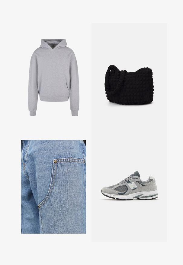 Szary bawełniany hoodie z kieszenią z przodu, kapturem ze sznurkiem oraz ściągaczami przy mankietach i u dołu. Charakteryzuje się miękkim, teksturowanym wykończeniem.; Jasnoniebieskie dżinsy z kontrastowym przeszyciem, z przednią kieszenią akcentowaną metalowymi nitami oraz miękkim, teksturowanym wykończeniem.; Szare sneakersy wykonane z siateczki i zamszu, z białym logo, wyściółką przy kostce i teksturowaną gumową podeszwą. Akcenty w ciemniejszym odcieniu szarości.; Czarna torba z materiału o fakturowanym, pikowanym wzorze. Owalny kształt, krótkie, grube rączki oraz miękka, elastyczna struktura.