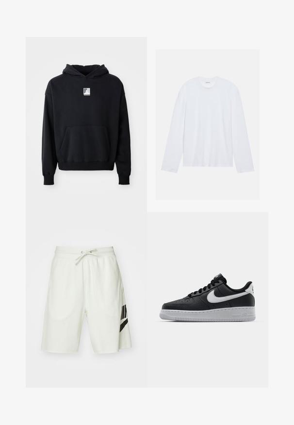 Hoodie preto com bolso frontal e pequeno logótipo branco da Jordan centrado no peito, apresentado sobre um fundo branco liso.; Camiseta de manga longa branca feita de algodão. Apresenta um decote redondo clássico e costuras de ombro caídas, com uma textura lisa e simples.; Calções de algodão cinza claro com uma cintura elástica, cordão ajustável e um logótipo preto da Nike no lado esquerdo.; Sapatilha de pele preta com superfície texturizada, swoosh branco da Nike, sola cinza, bico redondo e design com atacadores. Apresenta perfurações na caixa dos dedos.