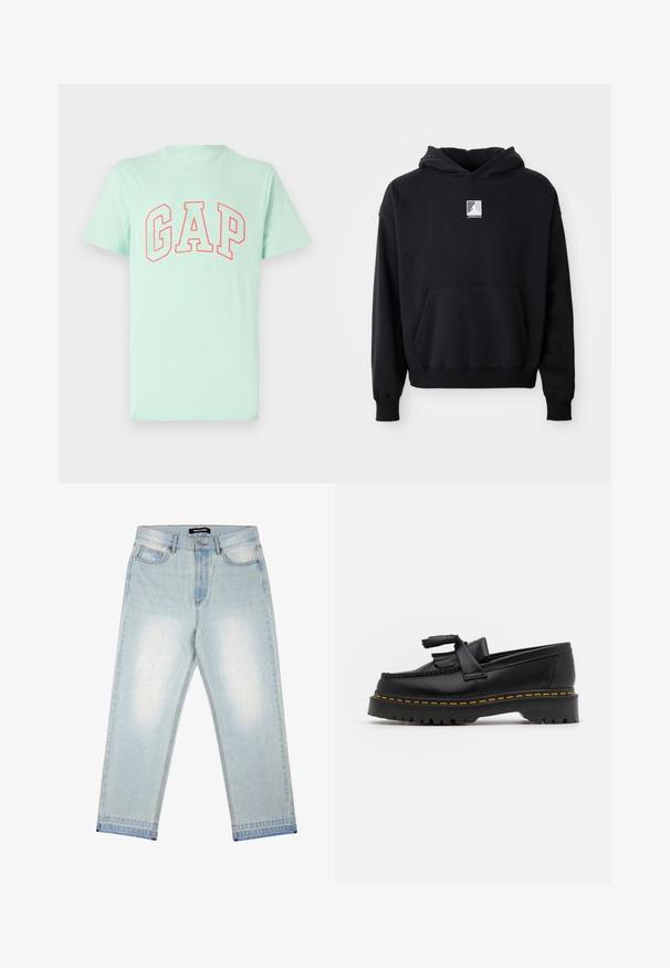 Fekete kapucnis pulóver előlzsebbel és a mellkas közepén elhelyezett kis fehér Jordan logóval, egy sima fehér háttéren bemutatva.; Mentazöld, rövid ujjú póló, az íves dizájnnal készült, merész piros "GAP" logóval. Puha pamut anyagból készült, kerek nyakkivágással.; Pegador BARROW - Bő szabású farmernadrág - sand washed blue; Fekete bőr mokaszin, rojtos díszítéssel, masszív fekete talppal és sárga varrással az élén. Texturált felület.