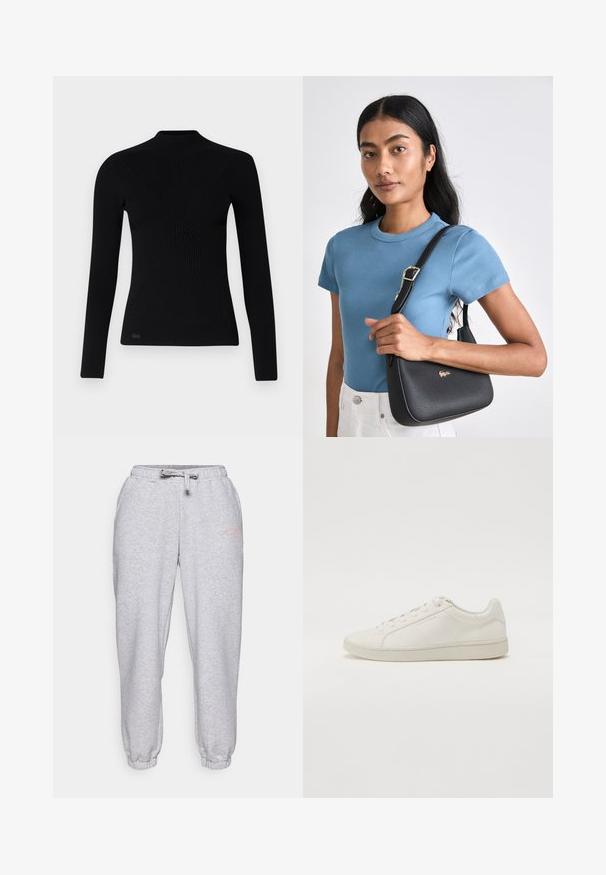 Melna garām piedurknēm ribota džemperis ar augstu apkakli, ar pielāgotu formu un faktūru. Mazs logotips apakšējā kreisajā stūrī.; Pelēki sporta bikses, izgatavotas no mīkstas kokvilnas, ar auklu joslu viduklī, elastīgām bikšu galiem un smalku rozā logotipu kreisajā augšstilbā.; Balts ādas sporta apavi ar gludu virsmu, noapaļotu pirkstu, tradicionālu saistīšanas priekšu un zemu profilu gumijas zoli. Minimālistisks dizains.; Melnā teksturētā rokassoma ar izliektu formu, akcentēta ar zelta logotipu, pāris ar ribotu gaiši zilu īsām piedurknēm krekli un baltām biksēm.