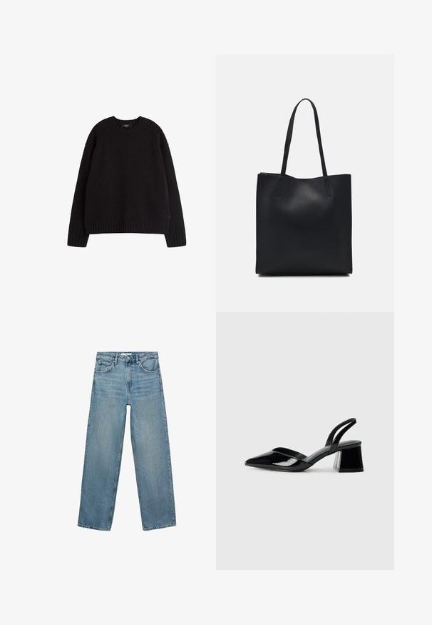 Musta neulepaita pyöreällä kauluksella, raglan-hihoilla ja ribbitetyillä reunoilla. Pehmeä pinta sopii arkivaatteeksi, ei näkyviä kuvioita tai käyttöosia.; Vaaleansinisiä farkkuja, joissa on suora lahje, korkea vyötärö, viisi taskua ja kontrastiväriset tikkaukset. Ei koristeita tai kuvioita.; Mustat patentoitu nahkakengät, joissa on säären takaosa ja terävä kärki, sekä geometrinen palikkakorko. Sisältää tyylikkään, minimalistisen muotoilun ja sileän pinnan.; Mustapahkainen kangaskassi, jossa on sileä pinta, suorakaiteen muotoinen ja kaksi pitkää kahvaa. Ei näkyvää metalliosaa tai koristeita.