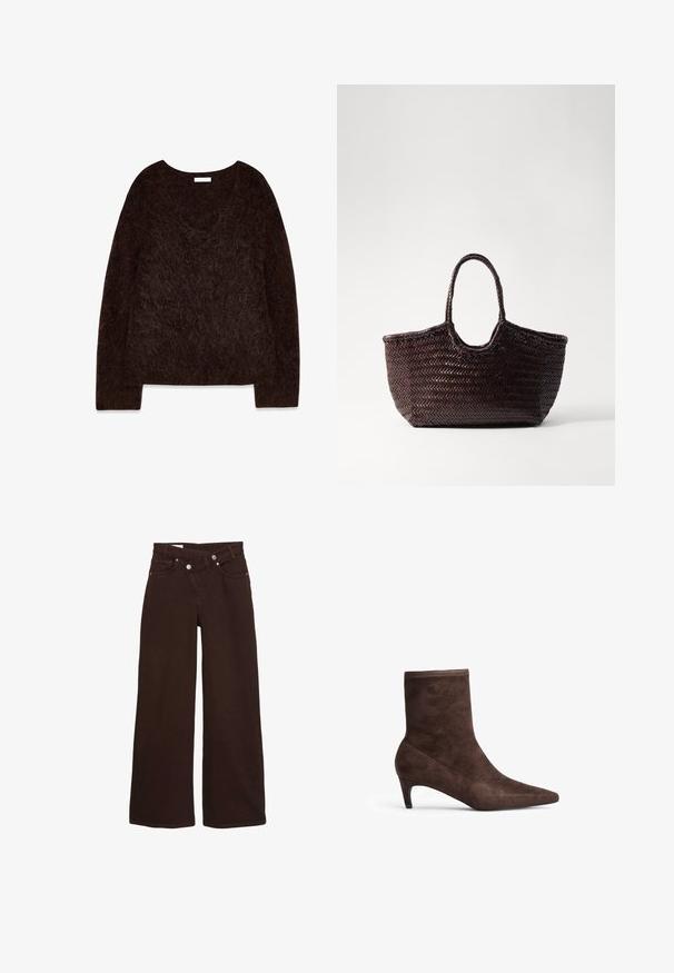 Pull en maille brun avec un décolleté en V, des manches longues et une texture douce et pelucheuse. Le design est surdimensionné avec une coupe décontractée et un minimalisme dans les détails.; Jean taille haute, coupe large, couleur marron, avec fermeture éclair et bouton à l'avant, comprenant des poches avant et arrière.; Bottine en daim marron avec un bout pointu et un talon fin. Présente une texture lisse et un design haut.; Sac fourre-tout tissé marron avec un sommet arrondi et deux poignées. Présente un motif texturé avec une structure large et ouverte pour un accès facile.