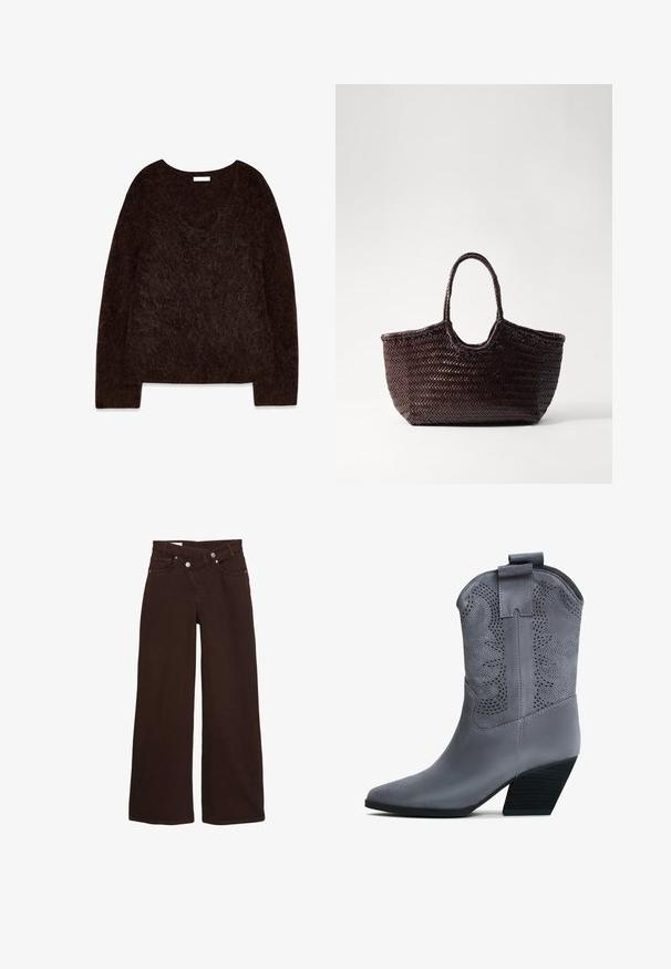 Pull en maille brun avec un décolleté en V, des manches longues et une texture douce et pelucheuse. Le design est surdimensionné avec une coupe décontractée et un minimalisme dans les détails.; Jean taille haute, coupe large, couleur marron, avec fermeture éclair et bouton à l'avant, comprenant des poches avant et arrière.; Botte cowboy en faux daim gris avec un bout pointu, des découpes décoratives et un talon empilé. Équipée d'une tirette pour un enfilage facile.; Sac fourre-tout tissé marron avec un sommet arrondi et deux poignées. Présente un motif texturé avec une structure large et ouverte pour un accès facile.