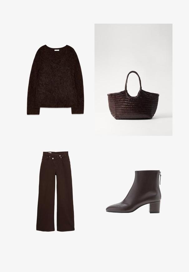 Brun strikket pullover med v-hals, lange ærmer og en blød, fuzzy tekstur. Designet er oversized med en afslappet pasform og minimal dekoration.; Brune vide ben jeans med høj talje, front lynlås og knaplukning, der har for- og baglommer.; Mørkebrun læderankelstøvle med blokhæl og lynlås bagpå, vist i profil på en hvid baggrund.; Vævet brun tote taske med en afrundet top og to håndtag. Har et struktureret mønster med en bred, åben struktur for nem adgang.