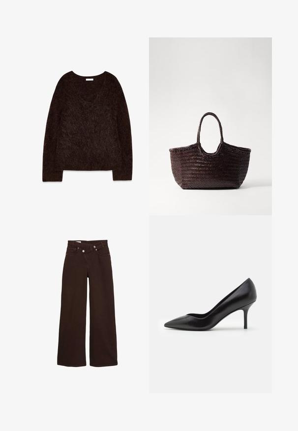 Maglione lavorato a maglia marrone con scollatura a V, maniche lunghe e una texture morbida e pelosa. Il design è oversize con una vestibilità comoda e dettagli minimi.; Jeans a gamba larga marroni con vita alta, chiusura con zip frontale e bottone, dotati di tasche frontali e posteriori.; Pumps neri in pelle con tacco alto, punta affilata e sottile tacco a stiletto, texture liscia con dettagli minimi.; Borsa tote intrecciata marrone con parte superiore arrotondata e due manici. Presenta un motivo testurizzato con una struttura ampia e aperta per un facile accesso.