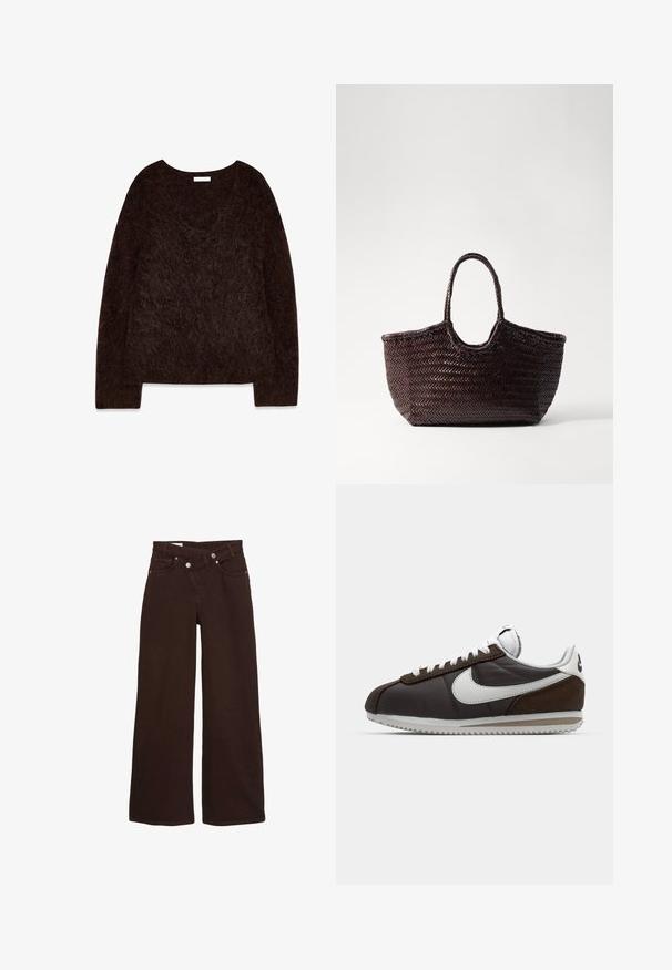Brun stickad tröja med V-ringning, långa ärmar och en mjuk, fluffig textur. Designen är oversized med en avslappnad passform och minimal detaljering.; Bruna vida byxor med hög midja, framdragkedja och knappstängning, med fram- och bakfickor.; Bruna och grå Nike-sneakers med vita accenter; läder- och mockamaterial; strukturerade sulor; grå snören; klassisk retrodesign.; Vävd brun tote-väska med rundad topp och två handtag. Har ett strukturerat mönster med en bred, öppen konstruktion för enkelt åtkom.