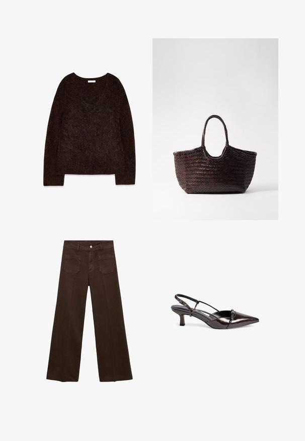 Hnedý pletený pulóver s výstrihom do V, dlhými rukávmi a mäkkou, chlpatu štruktúrou. Dizajn je oversized s uvoľneným strihom a minimálnym zdobením.; Hnedé široké džínsy vyrobené z denimu, s vysokým pásom, dvoma zadnými vreckami a predným zapínaním na gombík. Hladká textúra, rovný strih.; Hnedé lakované lodičky na opätku so špicatou špičkou, malým blokovým opätkom, dizajnom s krížovým remienkom a dekoratívnou mašľou vpredu.; Woven hnedá taška na rameno s okrúhlym vrchom a dvoma ušami. Má textúrovaný vzor s širokou, otvorenou konštrukciou pre jednoduchý prístup.