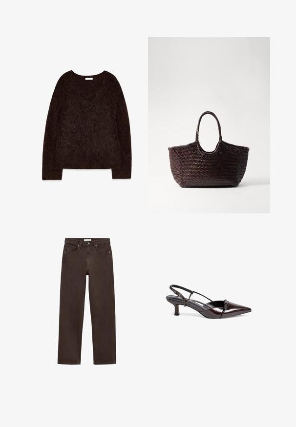 Ruskea neulospusero, jossa on V-pääntie, pitkät hihat ja pehmeä, pörröinen rakenne. Suunnittelu on ylisuuri, rento istuvuus ja minimaalinen yksityiskohtaisuus.; Ruskeat leveälahkeiset farkut, valmistettu denimestä, joissa on klassinen viiden taskun muotoilu, napitus ja hienovaraiset ompeluyksityiskohdat.; Bruna kiiltävästä nahasta valmistetut slingback-korkokengät, joissa on terävä kärki, pieni loiva korko, ristiin menevä strap-muotoilu ja koristeellinen sulkki etuosassa.; Kudottu ruskea kantokassi pyöreällä ylhäällä ja kahdella kahvalla. Siinä on teksturoitu kuviopinta, ja se tarjoaa laajan, avoimen rakenteen helppoa pääsyä varten.