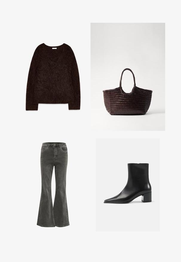 Pull en maille brun avec un décolleté en V, des manches longues et une texture douce et pelucheuse. Le design est surdimensionné avec une coupe décontractée et un minimalisme dans les détails.; Kaffe KASINEM - Jean flare - medium grey denim; Bottine en cuir noir avec un bout pointu, texture lisse et un talon bloc moyen. Design minimaliste, fermeture éclair à l'arrière.; Sac fourre-tout tissé marron avec un sommet arrondi et deux poignées. Présente un motif texturé avec une structure large et ouverte pour un accès facile.
