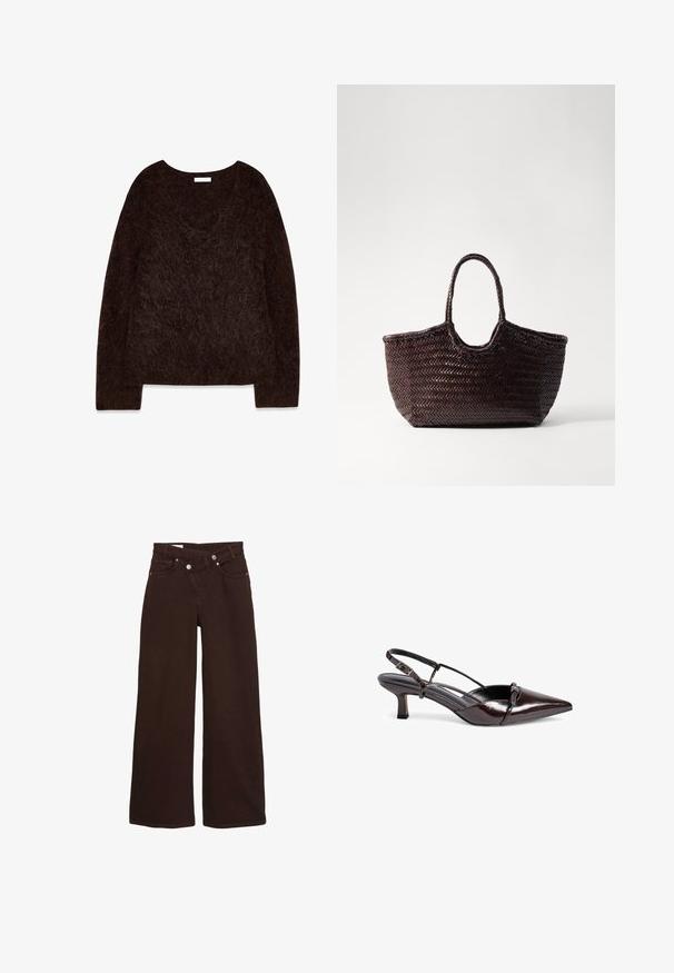 Ruskea neulospusero, jossa on V-pääntie, pitkät hihat ja pehmeä, pörröinen rakenne. Suunnittelu on ylisuuri, rento istuvuus ja minimaalinen yksityiskohtaisuus.; Ruske leve hlače z visokim pasom, sprednjim zadrgo in gumbom, z sprednjimi in zadnjimi žepi.; Bruna kiiltävästä nahasta valmistetut slingback-korkokengät, joissa on terävä kärki, pieni loiva korko, ristiin menevä strap-muotoilu ja koristeellinen sulkki etuosassa.; Kudottu ruskea kantokassi pyöreällä ylhäällä ja kahdella kahvalla. Siinä on teksturoitu kuviopinta, ja se tarjoaa laajan, avoimen rakenteen helppoa pääsyä varten.