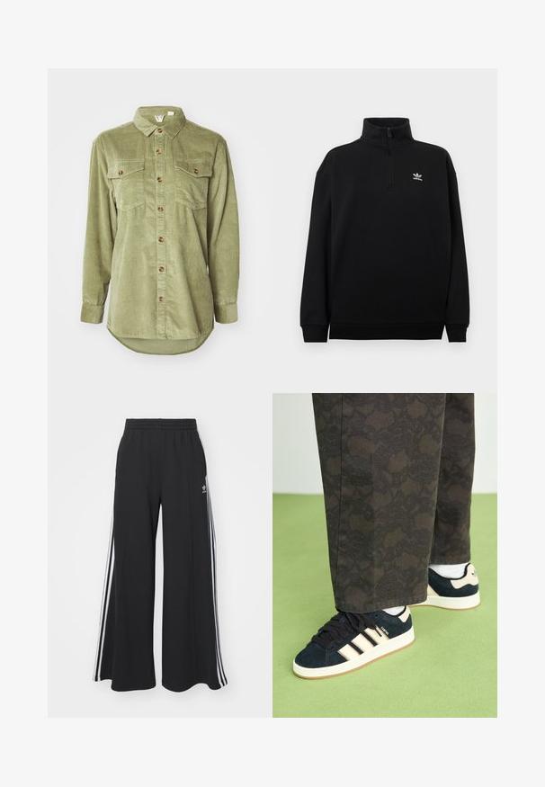 Black quarter-zip sweatshirt made of soft fabric, featuring a high collar, ribbed cuffs, and a small white Adidas logo on the chest.; Olive green corduroy shirt with a button-down front, two chest pockets, and long sleeves. Features a rounded hem and textured fabric.; Black wide-leg sweatpants with an elastic waistband, featuring white side stripes and an embroidered logo on the left thigh.; Black and patterned trousers paired with navy suede sneakers featuring cream stripes and white soles. Surfaces shown are textured and flat.