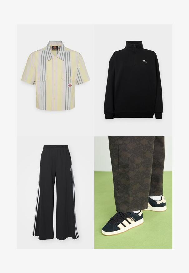 Svart quarter-zip genser laget av mykt stoff, med høy krage, ribbestrikkede mansjetter og en liten hvit Adidas-logo på brystet.; Kraftet kortermet skjorte i lys gul med vertikale grønne og pastellstriper. Har to brystlommer og et logo-patch på venstre lomme.; Svart vide joggebukser med elastisk midjebånd, med hvite sidestriper og brodert logo på venstre lår.; Sorte og mønstrede bukser kombinert med marineblå suedesko med kremfargede striper og hvite såler. Overflatene som vises er teksturerte og flate.